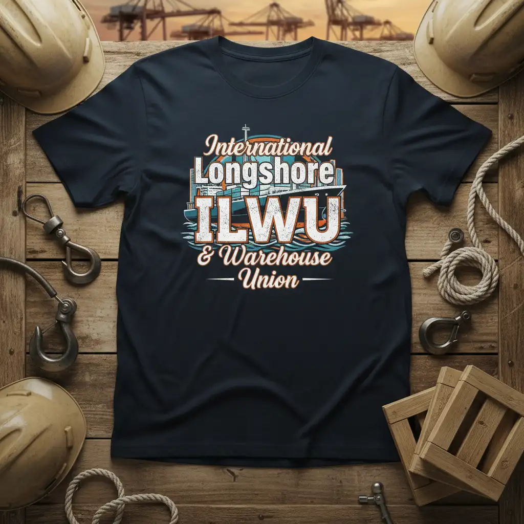International Longshore ILWU & Warehouse Union t-shirt with cargo ship graphic and union text