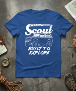 International Scout Built to Explore T-Shirt with vintage SUV graphic and text