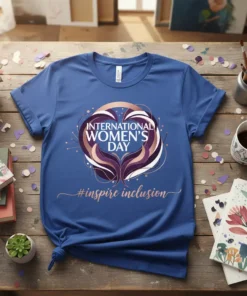 International Women's Day #inspire inclusion t-shirt with heart graphic and elegant script text