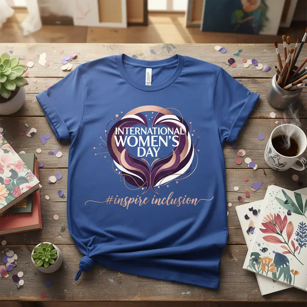 International Women's Day #inspire inclusion graphic tee featuring a heart emblem and script text