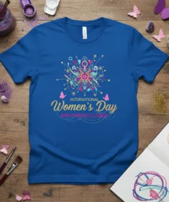 International Women's Day #InspireInclusion t-shirt with vibrant abstract design and butterflies