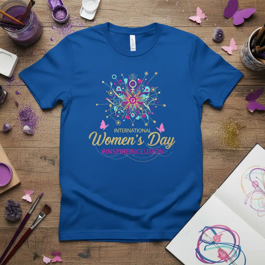 International Women's Day #InspireInclusion t-shirt with colorful abstract graphic and butterfly accents