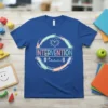 Blue t-shirt with "INTERVENTION team" text inside a colorful circular design, featuring a small heart graphic