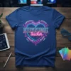 Interventionist Teacher heart design with neon glow and positive attributes like compassionate, caring, dedicated, loyal, reliable, and kind