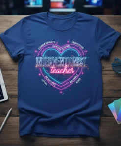 Interventionist Teacher heart design with neon glow and positive attributes like compassionate, caring, dedicated, loyal, reliable, and kind
