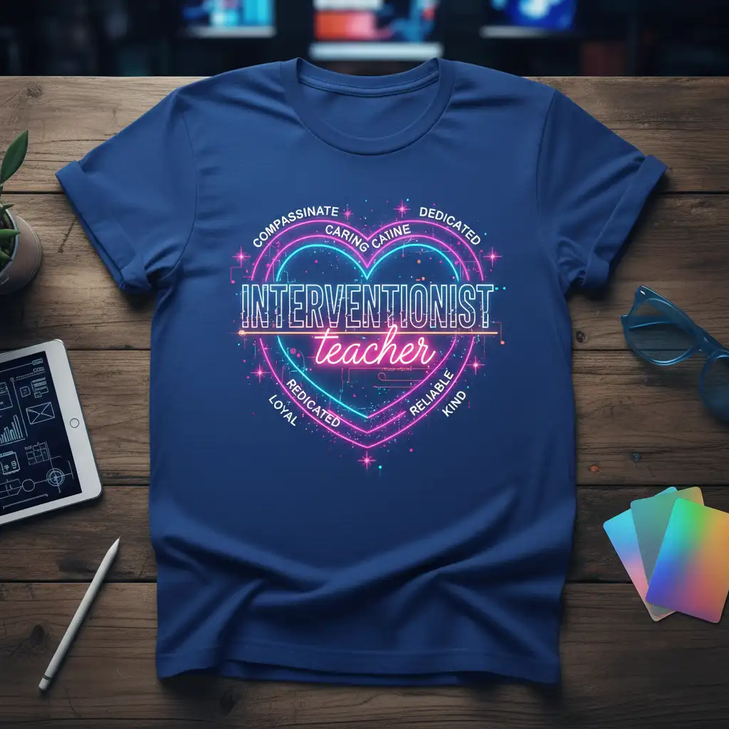 Interventionist teacher neon heart design with words compassionate, caring, dedicated, loyal, reliable, and kind