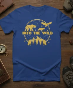 Into The Wild t-shirt design featuring a bear, wolf, and eagle silhouette with mountains and constellations