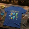 Blue t-shirt with the word "INTOXICOLOGIST" in gold text above a collection of cartoon cocktails and a beer mug
