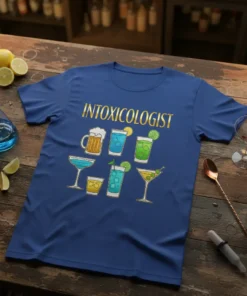 Blue t-shirt with the word "INTOXICOLOGIST" in gold text above a collection of cartoon cocktails and a beer mug