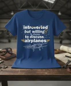 Introverted but willing to discuss airplanes text design with airplane graphic and gear details