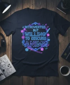 Introverted But Willing To Discuss Anime T-Shirt with neon text and Japanese cultural symbols