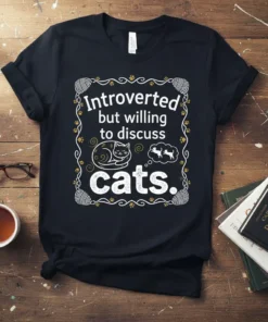 Black t-shirt with "Introverted but willing to discuss cats." text, featuring a sleeping cat graphic and paw prints