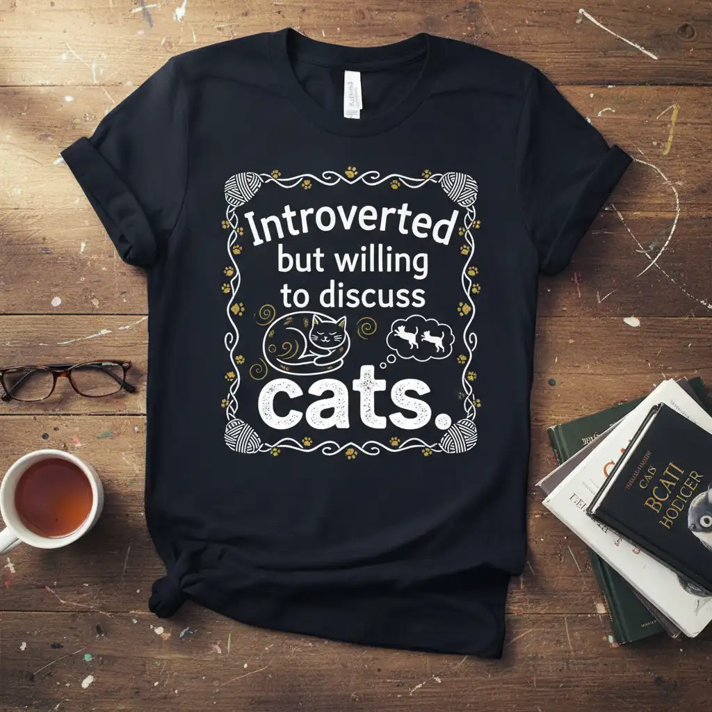 Introverted but willing to discuss cats. creative illustration printed on soft premium material creating a standout t-shirt