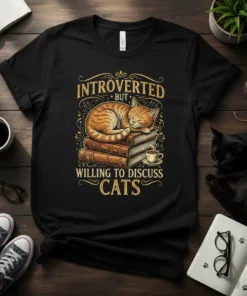 Black t-shirt with "INTROVERTED BUT WILLING TO DISCUSS CATS" text and an illustration of a sleeping cat on books