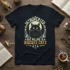 Black t-shirt with "Introverted But Willing To Discuss Cats" text and a black cat graphic against a moon backdrop