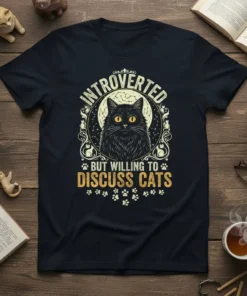 Black t-shirt with "Introverted But Willing To Discuss Cats" text and a black cat graphic against a moon backdrop