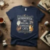 Navy t-shirt with "INTROVERTED BUT WILLING TO DISCUSS CATS." text and illustrations of four different cats