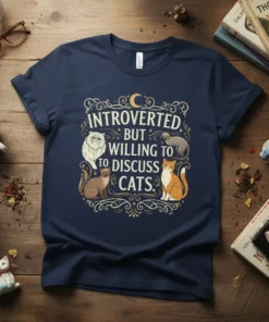Navy t-shirt with "INTROVERTED BUT WILLING TO DISCUSS CATS." text and illustrations of four different cats