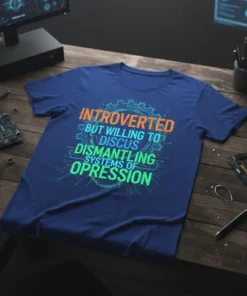 Introverted But Willing To Discuss Dismantling Systems Of Oppression quote on a navy blue t-shirt, featuring bold orange and green