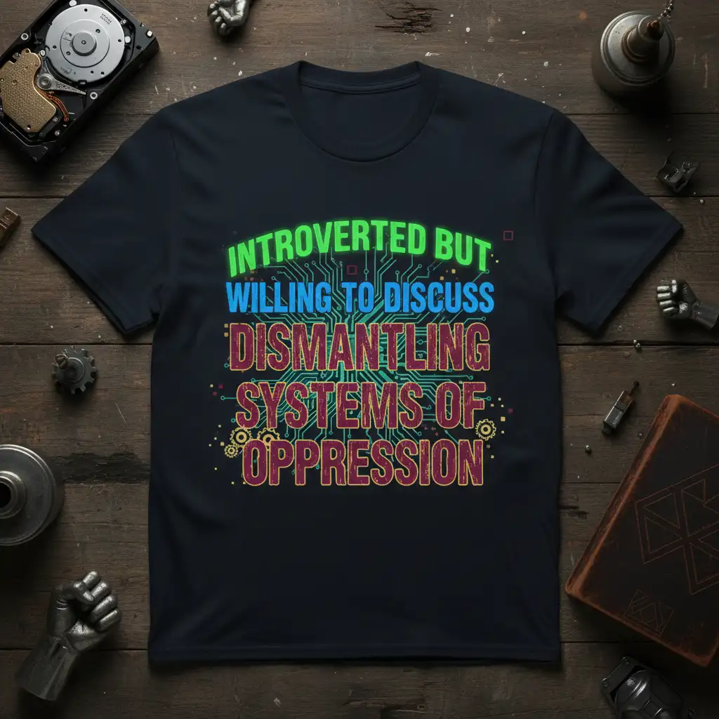 Introverted But Willing To Discuss Dismantling Systems Of Oppression quote on a t-shirt with circuit board design