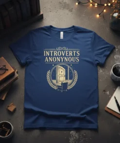 Introverts Anonymous T-Shirt featuring gold text and a graphic of an open door with a chair, symbolizing introversion