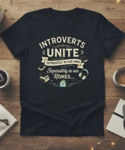 Black t-shirt with "INTROVERTS UNITE SEPARATELY IN OUR OWN SEPARATELY IN OUR HOMES..." text and graphics of books and headphones