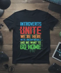Black t-shirt with colorful text that reads "INTROVERTS UNITE WE'RE HERE WE'RE UNCOMFORTABLE AND WE WANT TO GO HOME" in