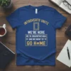 Blue t-shirt with yellow text "Introverts Unite We're Here We're Uncomfortable And We Want To Go Home" and a door