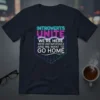 Introverts Unite We're Here We Want to Go Home quote t-shirt in neon typography with a geometric cube design