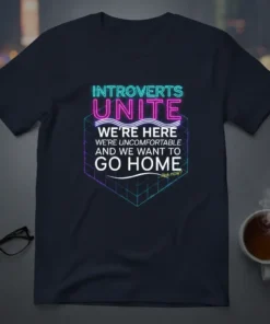 Introverts Unite We're Here We Want to Go Home quote t-shirt in neon typography with a geometric cube design