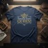 Inventori QUEEN! text with a golden crown graphic on a navy blue t-shirt