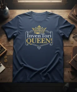 Inventori QUEEN! text with a golden crown graphic on a navy blue t-shirt