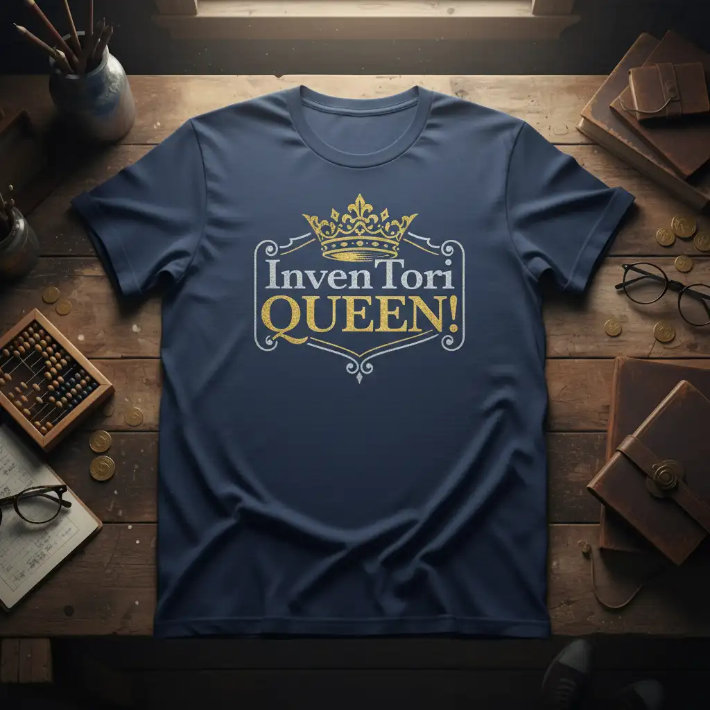 Inventori QUEEN! text with golden crown graphic on a navy blue t-shirt, perfect for inventory managers
