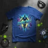 Invincible superhero graphic t-shirt design with a flying hero and futuristic city background in comic book style