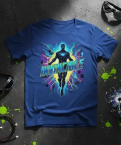 Invincible superhero graphic t-shirt design with a flying hero and futuristic city background in comic book style