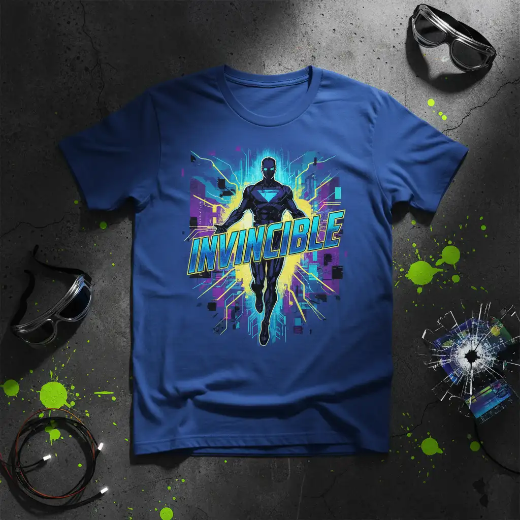 Invincible superhero graphic with bold text and futuristic cityscape on a blue t-shirt