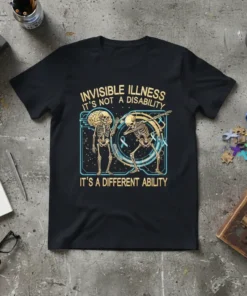 T-shirt design featuring "Invisible Illness It's Not A Disability It's A Different Ability" text with skeleton graphics and teal awareness