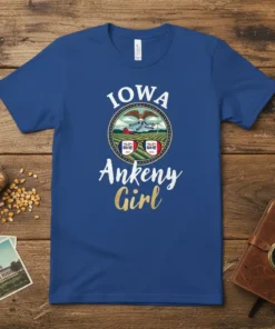 Blue t-shirt featuring "Iowa Ankeny Girl" text with a circular graphic of Iowa scenery, eagle, and sunglasses
