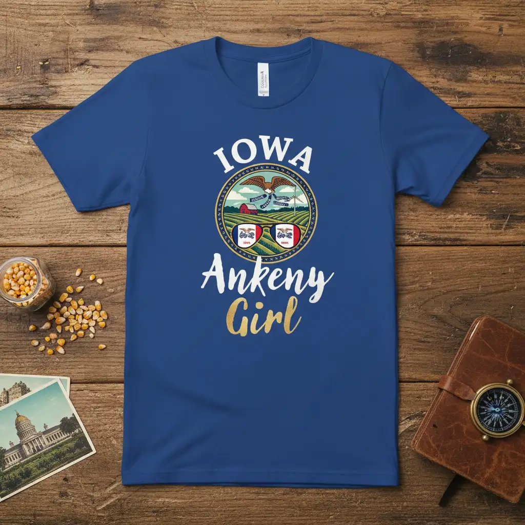 Iowa Ankeny Girl t-shirt design featuring circular Iowa emblem and script text