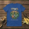 Iowa Home Is Where The Corn Is t-shirt featuring cartoon corn characters and state name