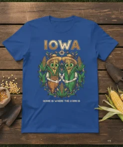 Iowa Home Is Where The Corn Is t-shirt featuring cartoon corn characters and state name