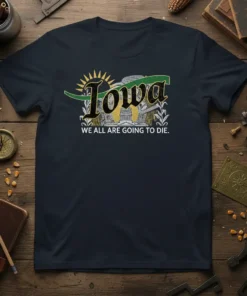 Iowa WE ALL ARE GOING TO DIE. text with state capitol graphic on a dark t-shirt