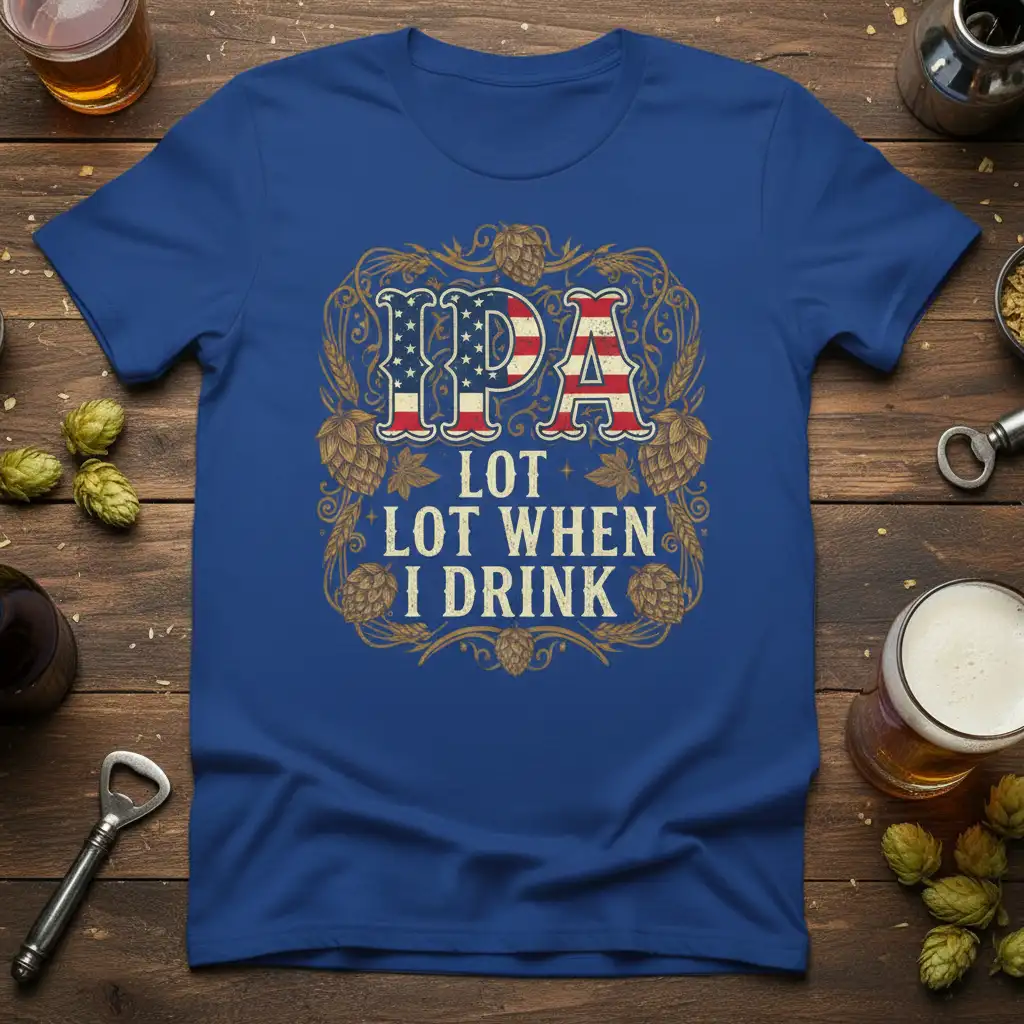 IPA Lot Lot When I Drink quote on a blue t-shirt, featuring patriotic IPA graphic and hops art