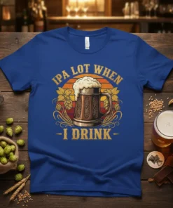 IPA Lot When I Drink t-shirt featuring a frothy beer mug, hops, and sunset graphic with vintage typography