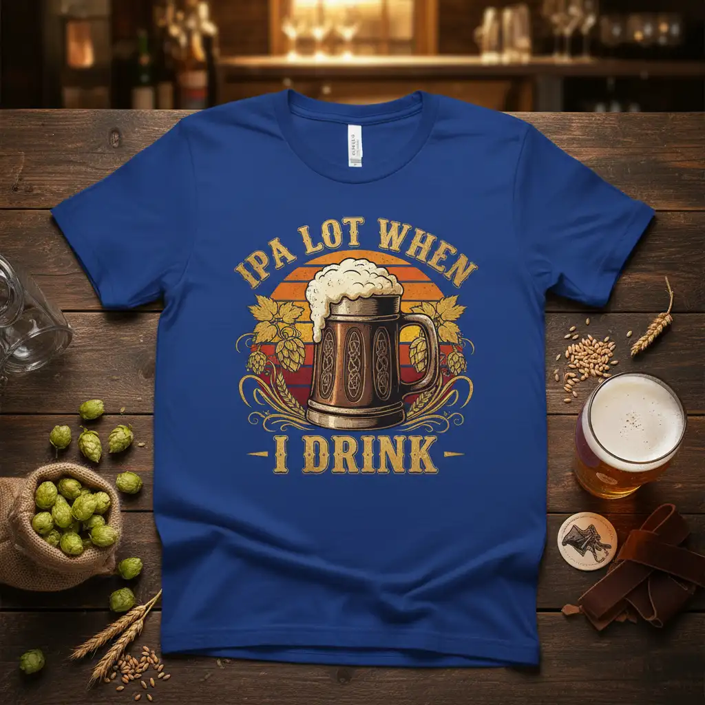 IPA Lot When I Drink humorous quote t-shirt with a detailed beer mug and hop design