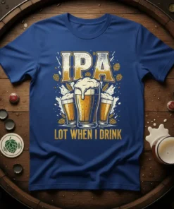Blue t-shirt with "IPA LOT WHEN I DRINK" text and illustrations of beer glasses and hops