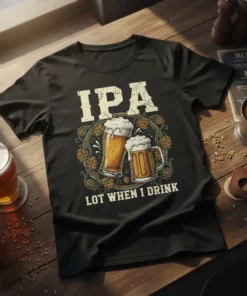 IPA Lot When I Drink humorous quote t-shirt design with two beer mugs and hops