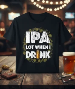 Black t-shirt with distressed white text "IPA Lot When I Drink" surrounded by hops graphic, featuring a small beer bottle