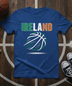 Ireland Basketball t-shirt with green, white, and orange text and a dynamic basketball graphic