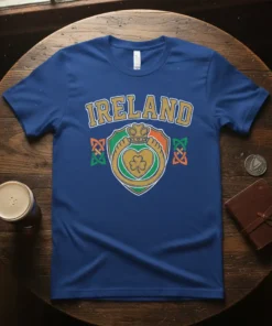 Blue t-shirt with "IRELAND" text above a Claddagh crest featuring hands, heart, shamrock, crown, and Celtic knots